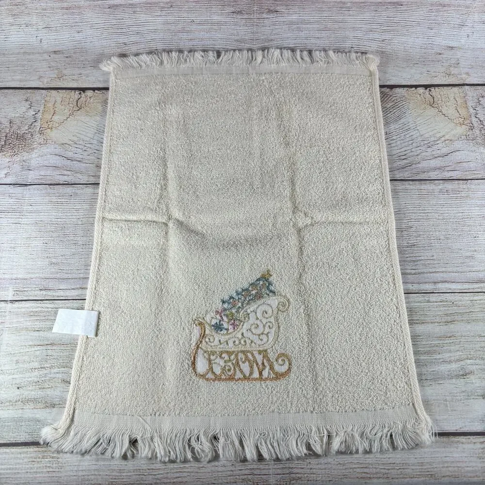 Vintage Christmas Hand Towels Lot 3 Embroidered Fringe Snowman Sleigh 11x16